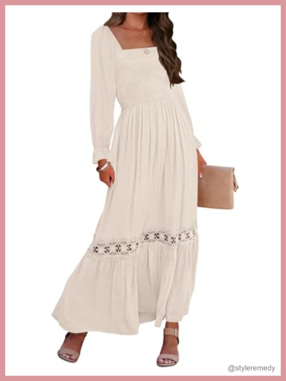 Boho Long Sleeve Smocked Maxi Dress Flowy Lace Trim Casual